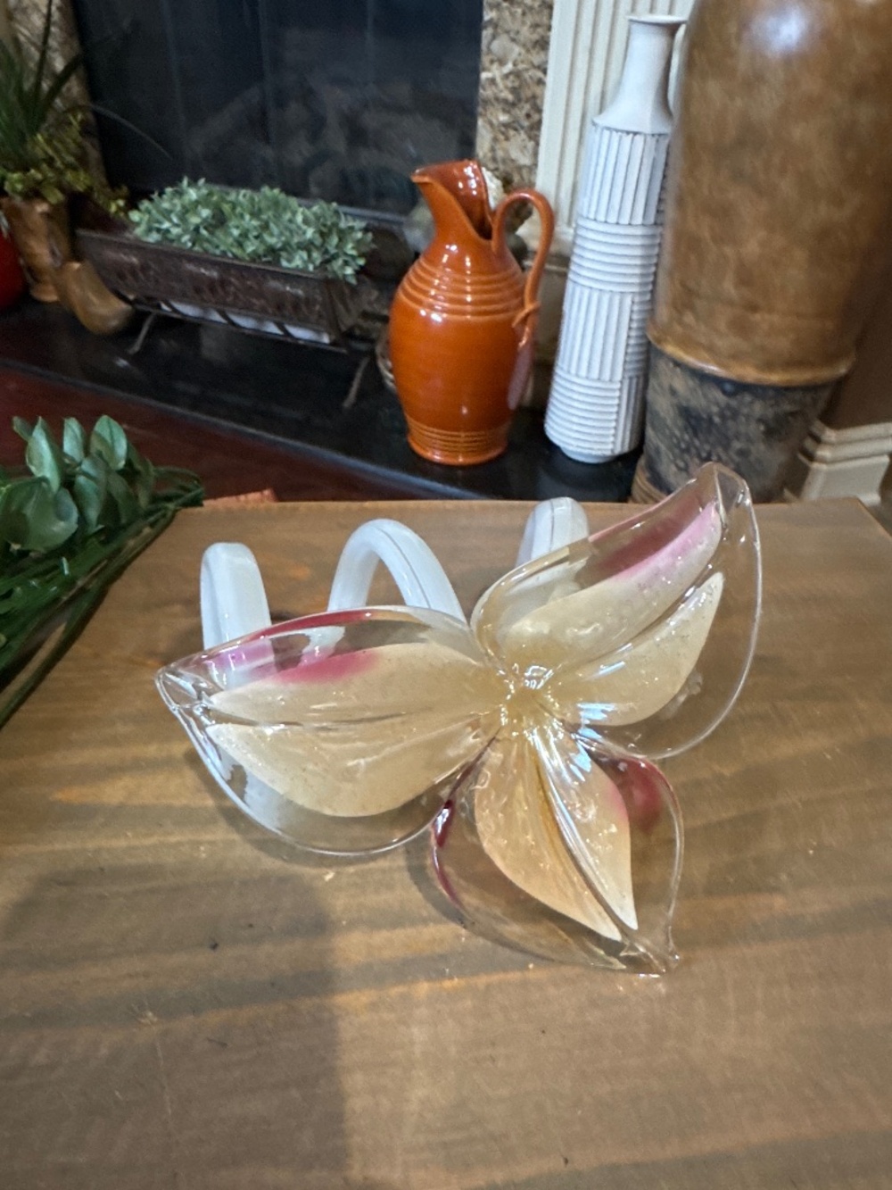 Vintage Murano Flower Petal Art Glass Tan, Red w/ White Stem